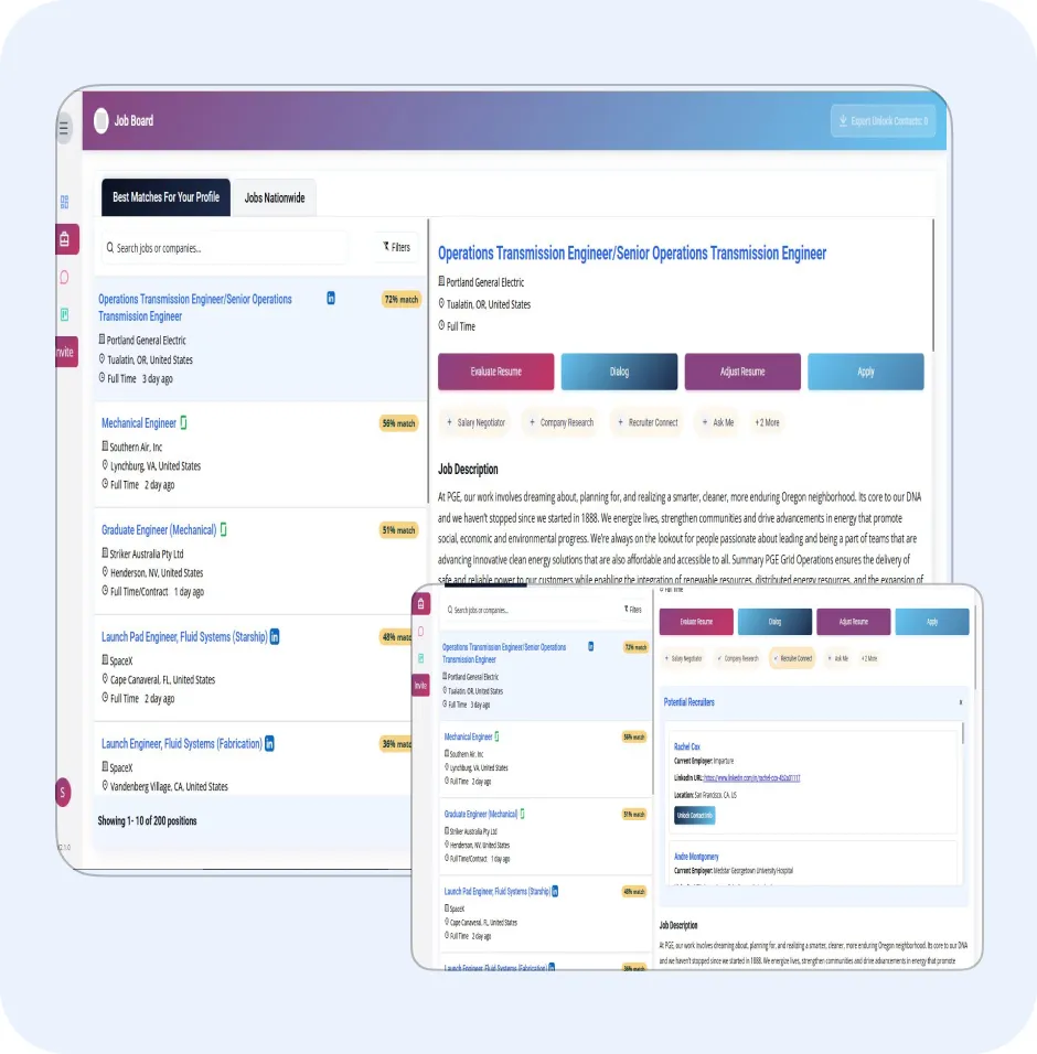 Job board interface displaying job listings, including "Operations Transmission Engineer" and "Mechanical Engineer," with options to evaluate resumes, connect with recruiters, and view job descriptions, emphasizing features of ORO AI's Recruiter Connect Tool.